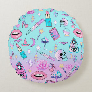 Girly Pastel Witch Goth Pattern Round Pillow