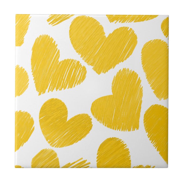 Girly pastel yellow love hearts pattern ceramic tile (Front)