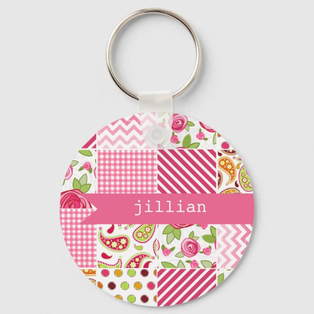 Girly Patchwork Personalized Keychain (Front)