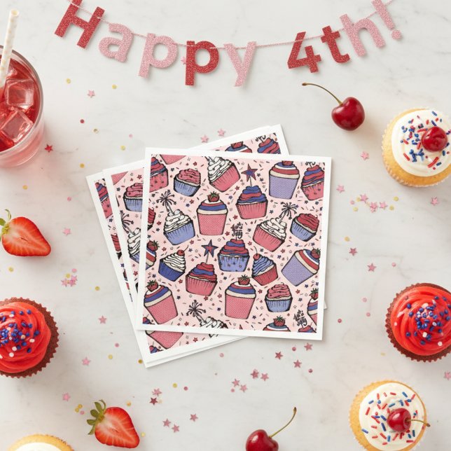 Girly Patriotic Red White and Blue Cupcake Party Napkins (Cute Pink 4th of July Party Napkins. Girly Patriotic Stars and Strips Fourth of July Cupcake Pattern)