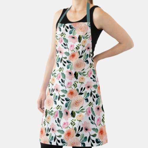 Girly Peach And Pink Roses Watercolor Floral Apron