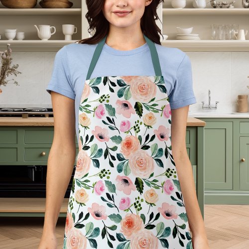Aprons 17 Girly Peach And Pink Roses Watercolor Floral Apron