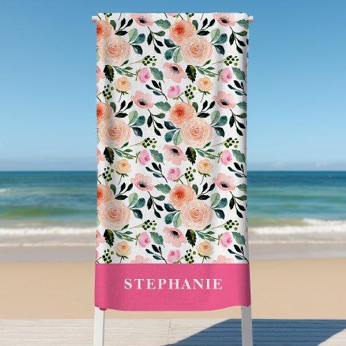 Girly Peach And Pink Roses Watercolor Floral  Beach Towel