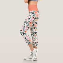 Girly Peach And Pink Roses Watercolor Floral Capri Leggings Girly Peach And Pink Roses Watercolor Floral Capri Leggings