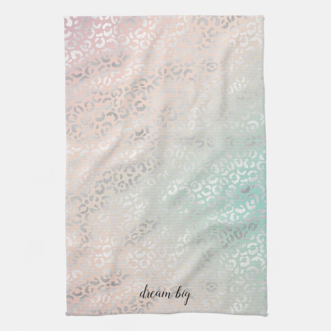 Girly Peach Aqua Tie Dye Silver Leopard Print Kitchen Towel (Vertical)