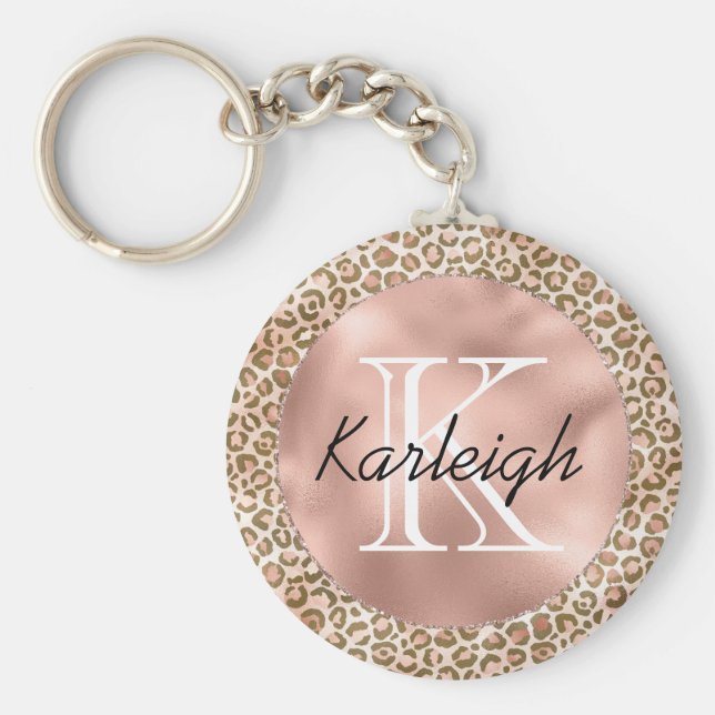 Girly Peach Brown Leopard Print Monogram Keychain (Front)