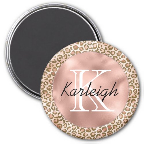 Girly Peach Brown Leopard Print Monogram Magnet