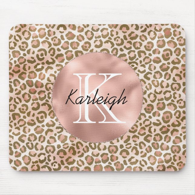 Girly Peach Brown Leopard Print Monogram Mouse Pad (Front)