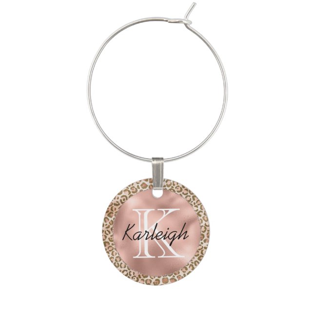 Girly Peach Brown Leopard Print Monogram Wine Charm (Front)