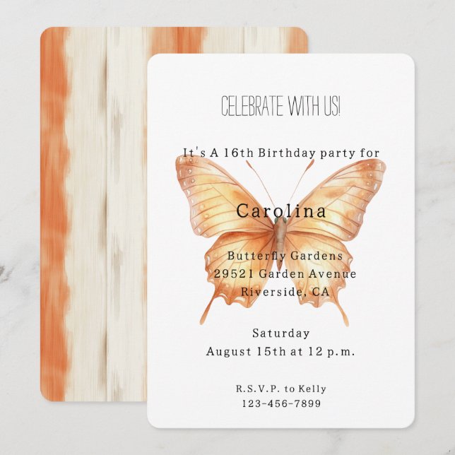 Girly Peach Butterfly Birthday Invitation (Front/Back)