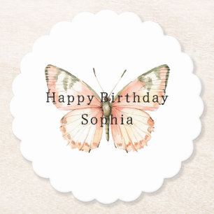 Girly Peach Butterfly Birthday Paper Coaster