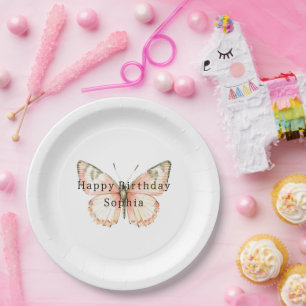 Girly Peach Butterfly Birthday Paper Plates