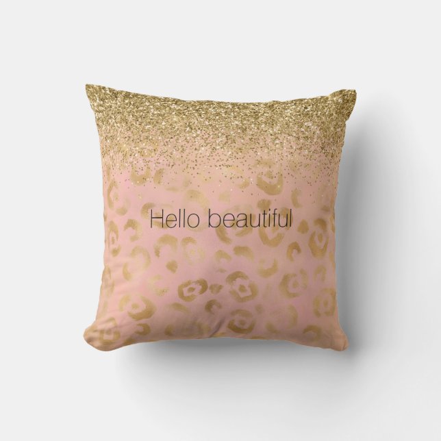 Girly Peach Gold Leopard Glitter           Throw Pillow (Front)