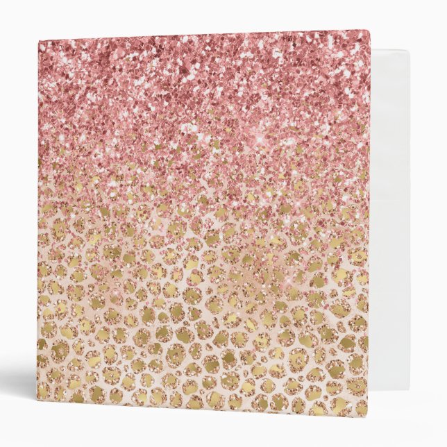 Girly Peach Gold Leopard Print Pink Glitter Glitzy 3 Ring Binder (Front/Inside)