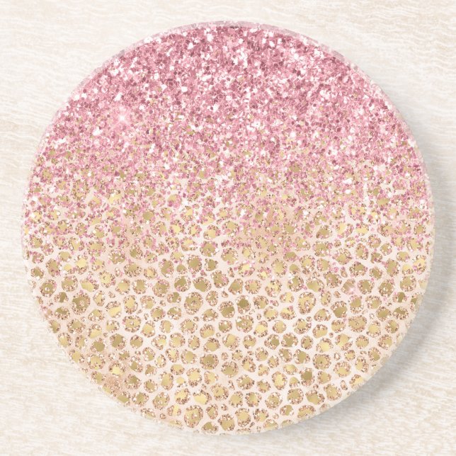 Girly Peach Gold Leopard Print Pink Glitter Glitzy Coaster (Front)