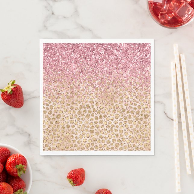 Girly Peach Gold Leopard Print Pink Glitter Glitzy Napkins (Insitu)