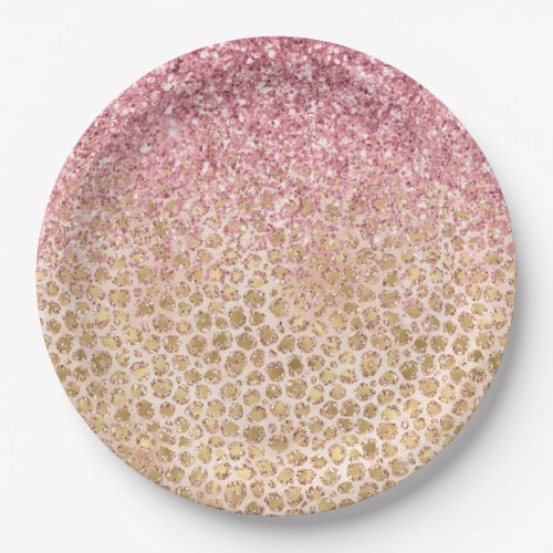 Girly Peach Gold Leopard Print Pink Glitter Glitzy Paper Plates