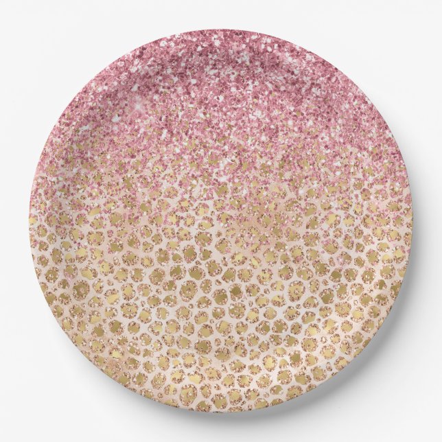 Girly Peach Gold Leopard Print Pink Glitter Glitzy Paper Plates (Front)
