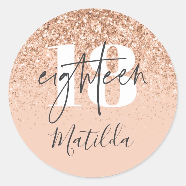 Girly peach grey glitter modern typography classic round sticker (Front)