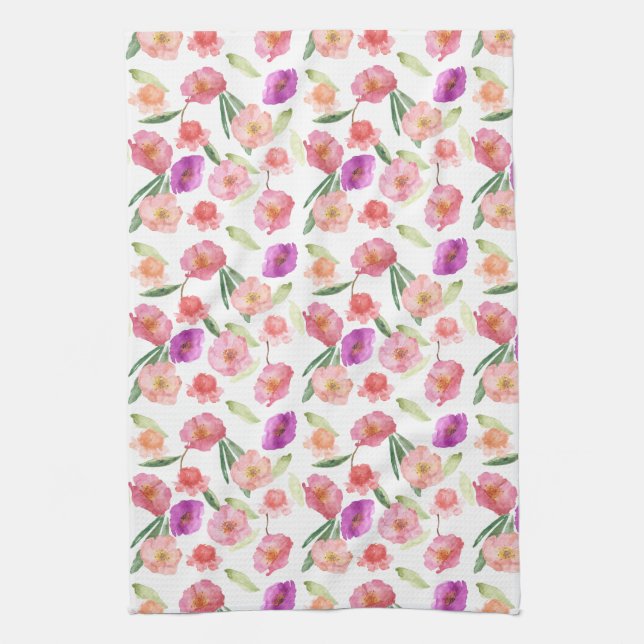 Girly Peach Pink Purple Floral Watercolor Kitchen Towel (Vertical)