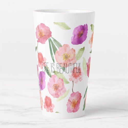 Girly Peach Pink Purple Floral Watercolor Latte Mug