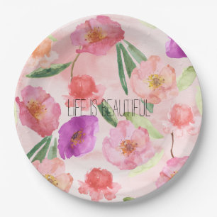 Girly Peach Pink Purple Floral Watercolor Paper Plates