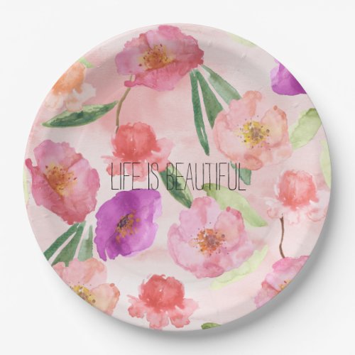 Girly Peach Pink Purple Floral Watercolor Paper Plates