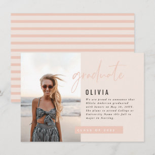 Girly peach pink script photo modern graduation invitation