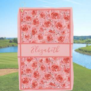 Girly Peach Roses Print custom name ladies Golf Towel