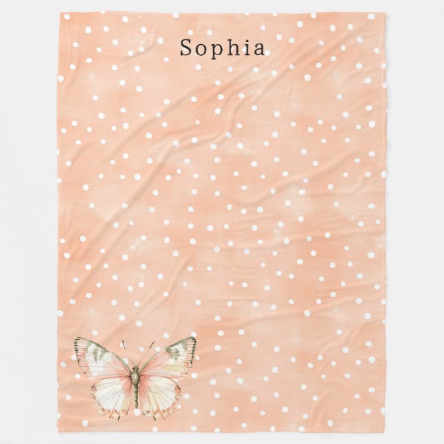Girly Peach White Dots Butterfly   Fleece Blanket (Front)