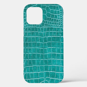 Girly Peacock Blue Faux Crocodile Leather iPhone 12 Case