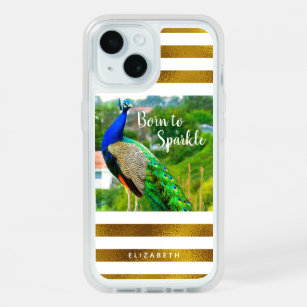 Girly Peacock Gold White Stripes Born to Sparkle iPhone 15 Case