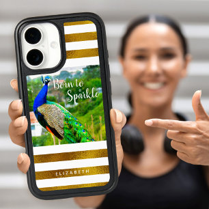 Girly Peacock Gold White Stripes Born to Sparkle iPhone 16 Case