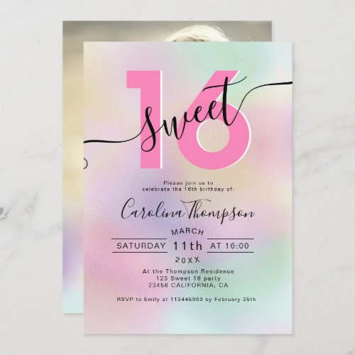 Girly pearl pink holographic chic Sweet 16 photo Invitation