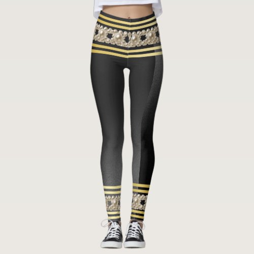 Girly Pearls Modern Gold Black Stripes Stylish Leggings