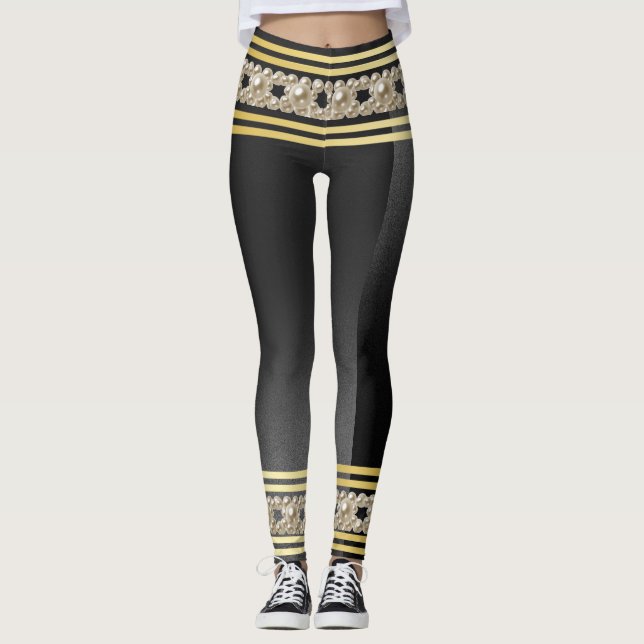 Girly Pearls Modern Gold Black Stripes Stylish Leggings (Front)