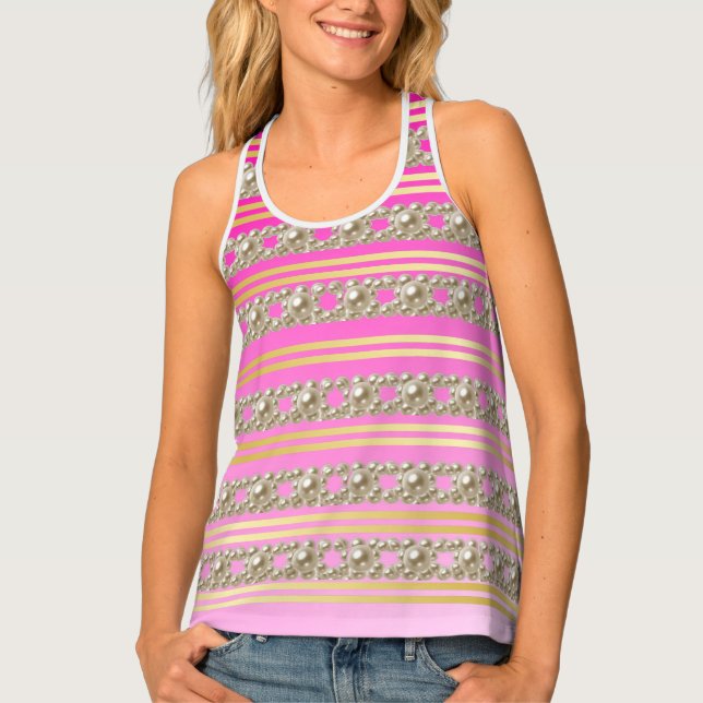 Girly Pearls Stylish Pink Gold stripes Modern  Tank Top (Front)