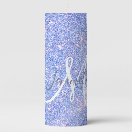 Girly Periwinkle Blue Glitter Blush Monogram name  Pillar Candle