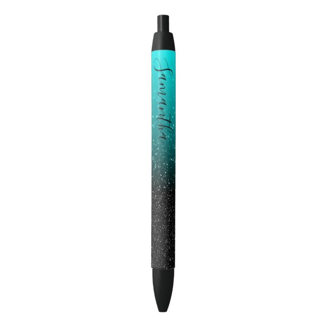 Girly Personalized Aqua Black Ombre Glitter Pen (Front Vertical)