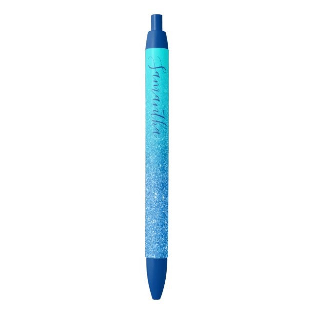 Girly Personalized Aqua Blue Ombre Glitter Pen (Front Vertical)