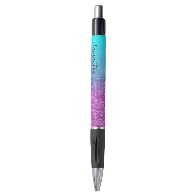 Girly Personalized Aqua Purple Ombre Glitter Pen (Front Vertical)