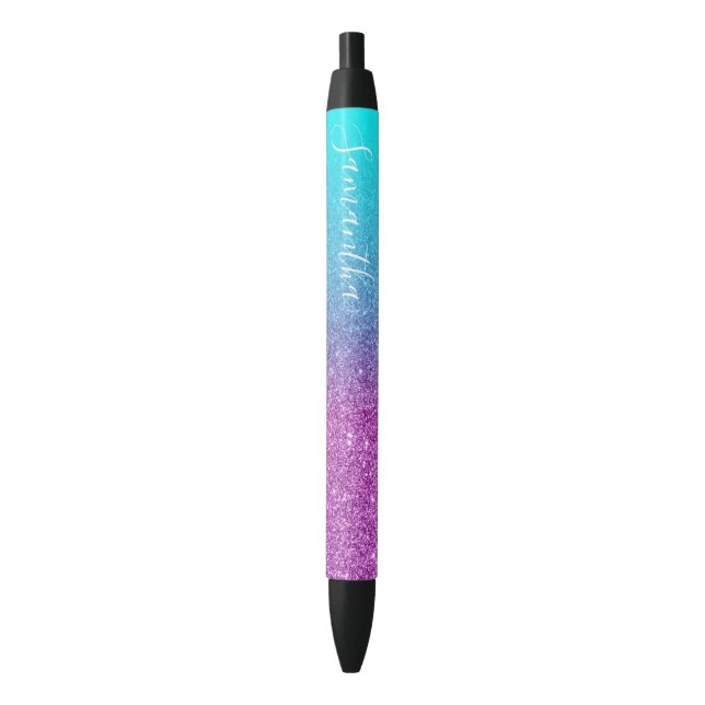 Girly Personalized Aqua Purple Ombre Glitter Pen (Front Vertical)