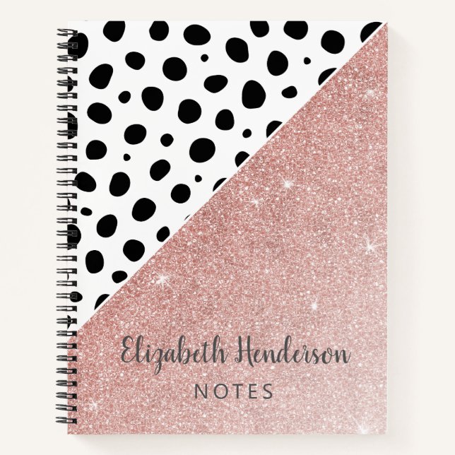 Girly Personalized Black Dots Rose Gold Glitter No Notebook (Front)