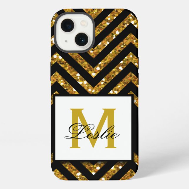 GIRLY, PERSONALIZED GOLD GLITTER CHEVRON PATTERN IPHONE CASE (Back)
