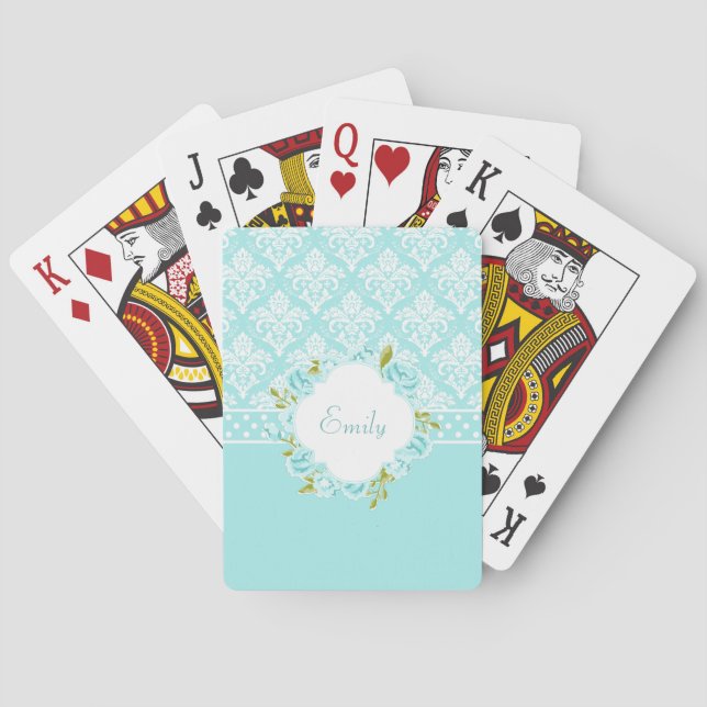 Girly Personalized Mint Damask, Dots and Flowers Poker Cards (Back)