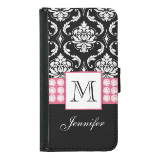 Girly Personalized Pink Black Damask Diamonds Samsung Galaxy S5 Wallet Case