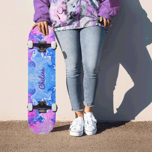 Girly Personalized Pink Blue Marbled Skateboard