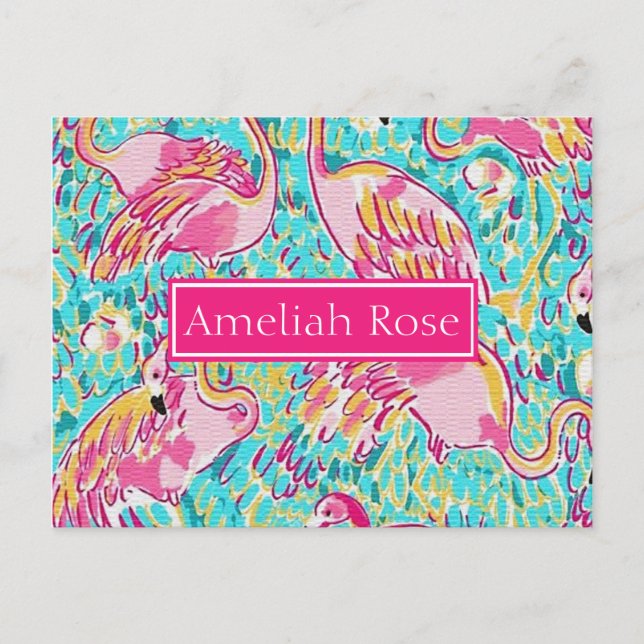 Girly Personalized Pink Flamingo Post Card (Front)