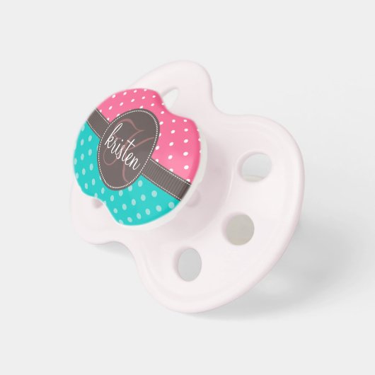 Girly Personalized Pink & Teal Dots Pacifier (Front Right)