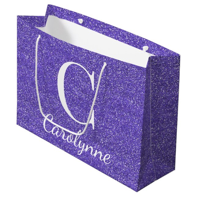 Girly Personalized Purple Faux Glitter Large Gift Bag (Front Angled)